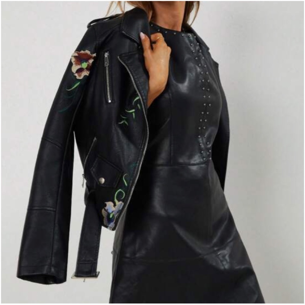 Luxe Floral Embroidered Vegan Leather Zip up Moto Jacket - Picture 2 of 8